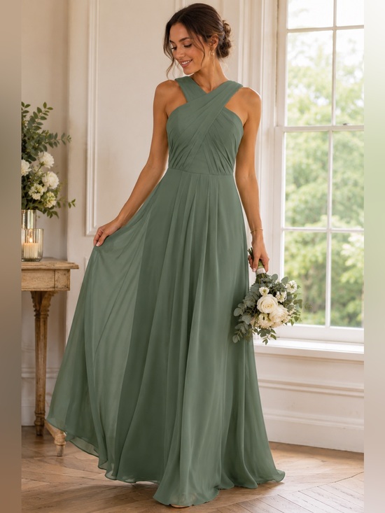 Azazie Dresses & Skirts - Azazie Brandie Eucalyptus Chiffon Bridesmaid Dress A2 Cross Back Maxi